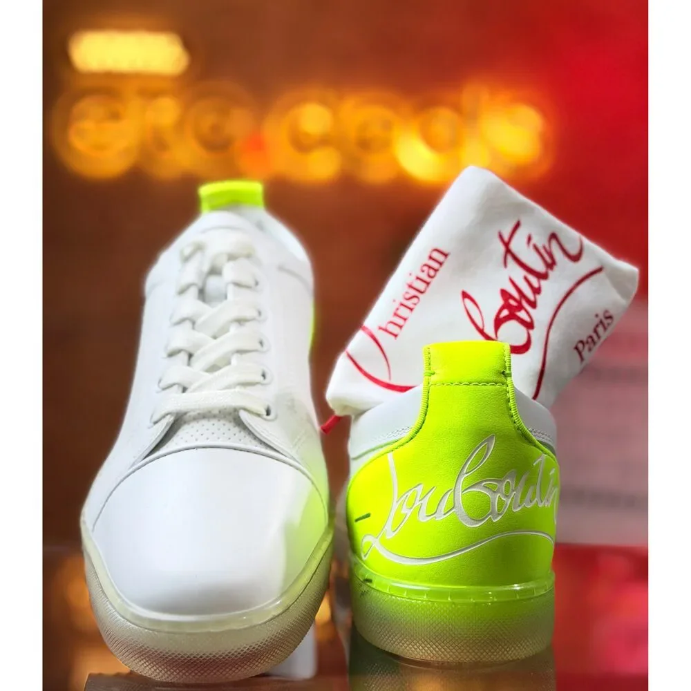 Christian Louboutin Men’s Low Top Sneakers White Neon Yellow EU 41 Red Sole